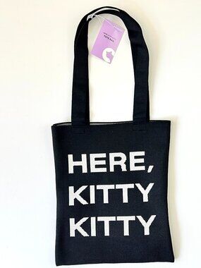 NWT Here Kitty Kitty Cat Black and White Woven Fabric Tote Bag